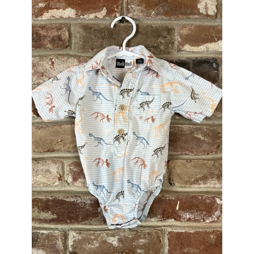 Boys Dinosaur Dress Bodysuit Size 3-6 Mo Button Down 100%‎ Cotton Short Sleeved